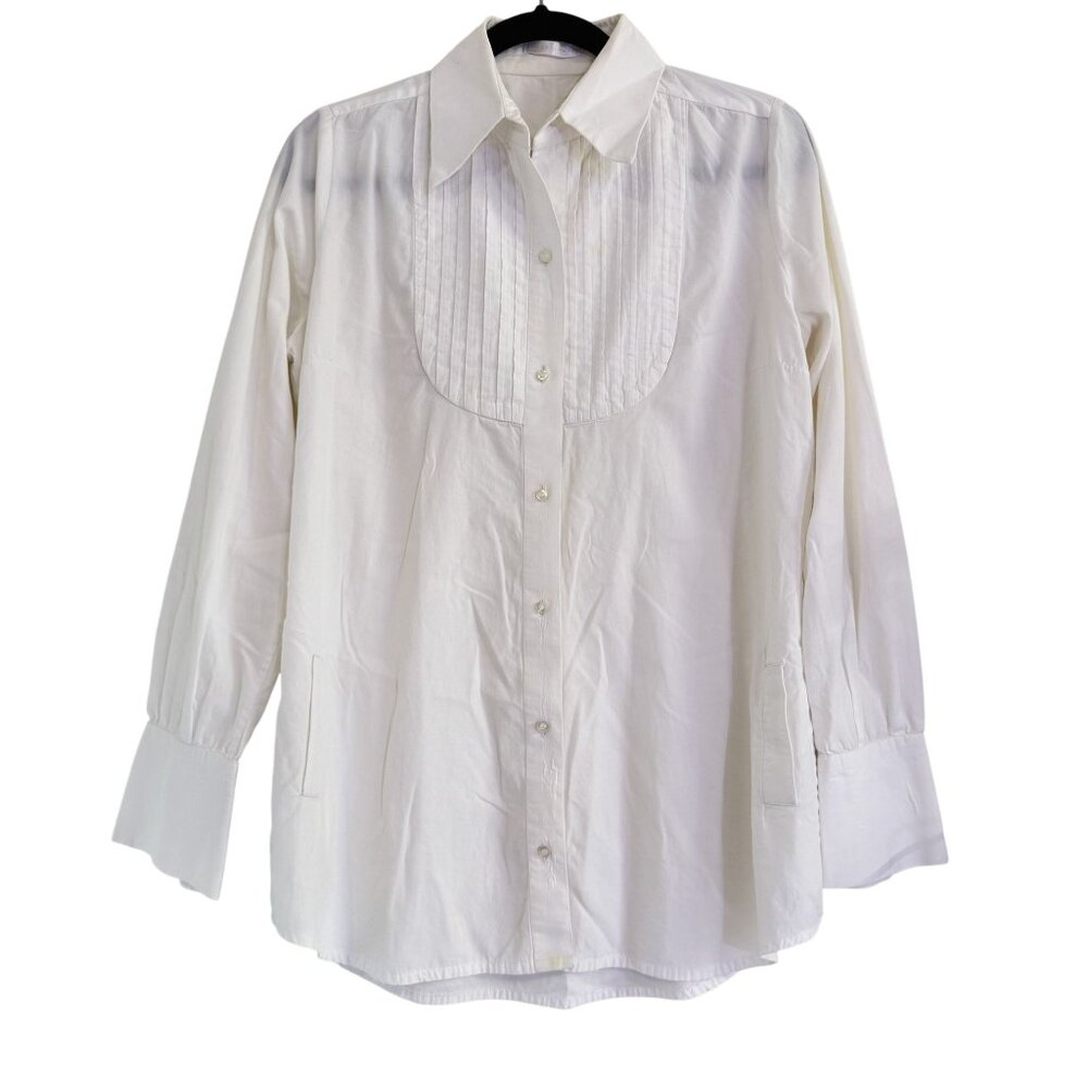 Jordi Labanda Women's White Pleated Collared Long Sleeve Button Up Blouse Size M